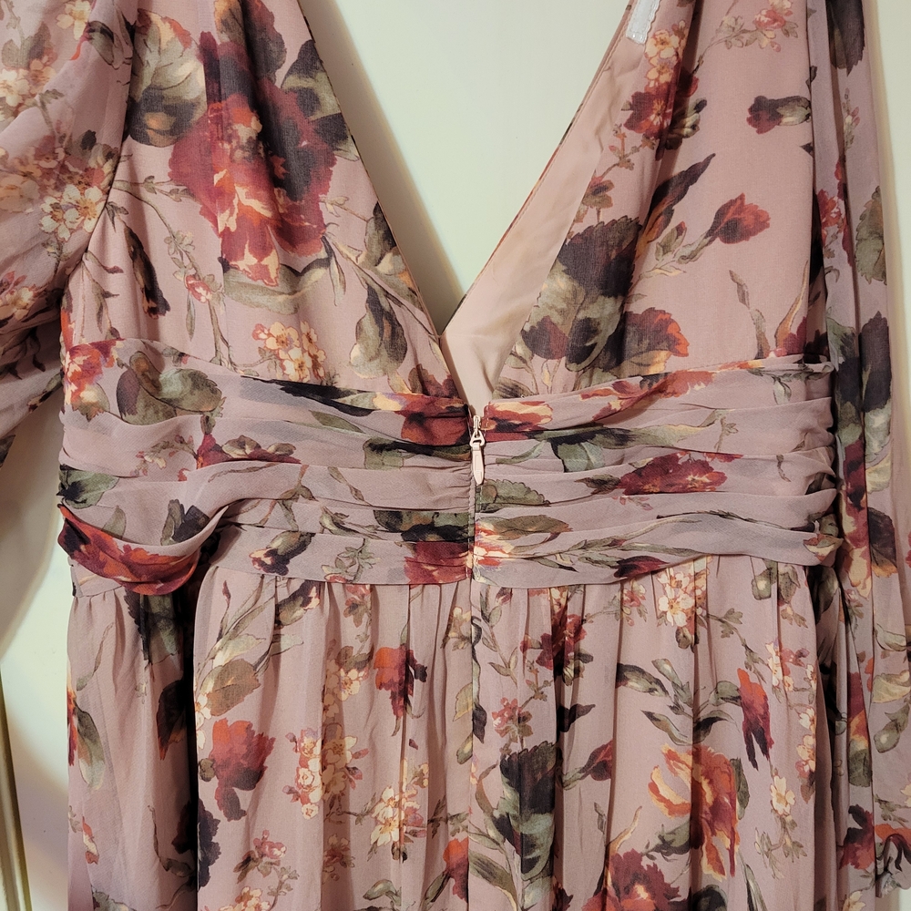 Azazie Blush Pink Floral V-Neck Midi Dress - Picture 5 of 6